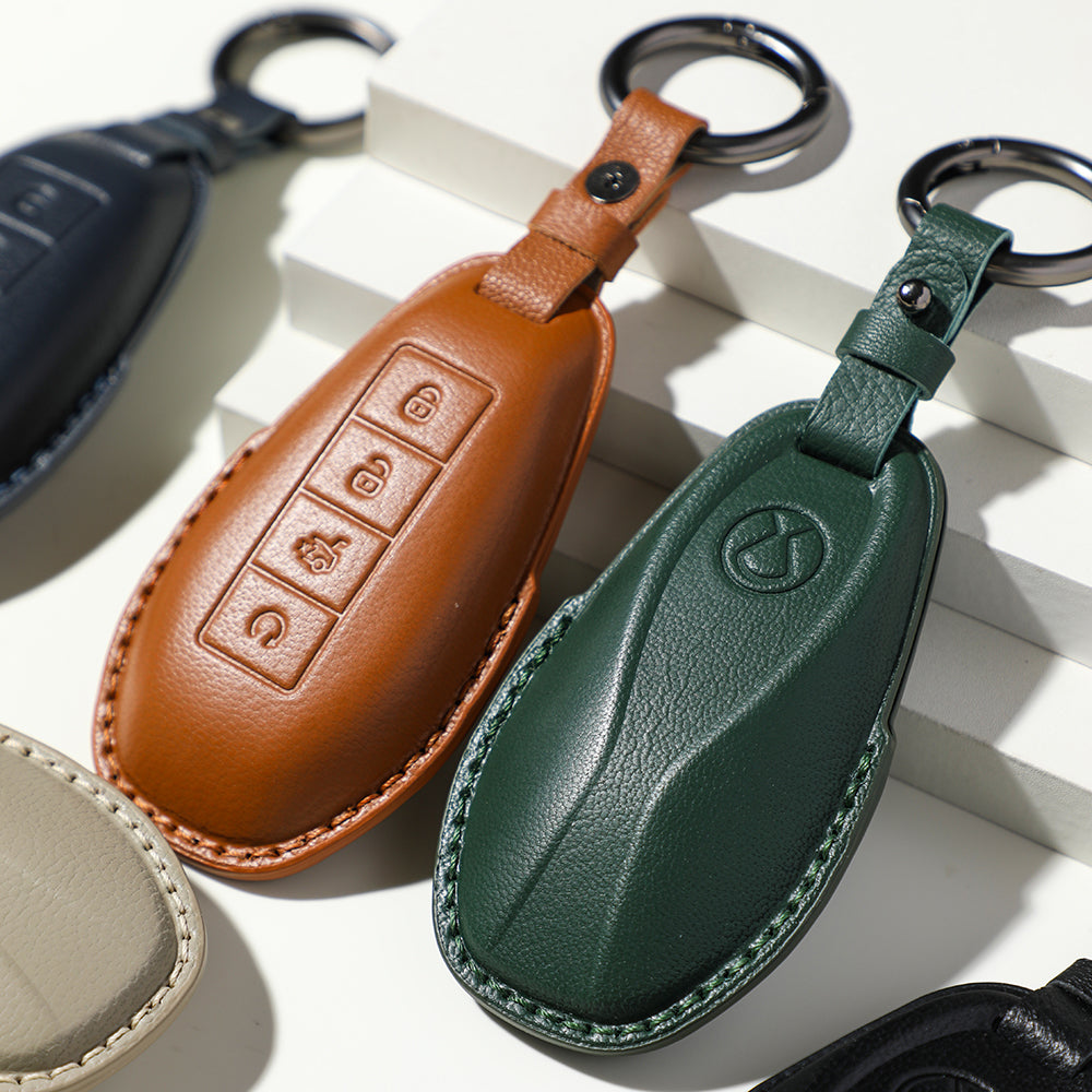 Luxury Leather Car Key Case Cover Fob Shell for Denza D9 - vue 2